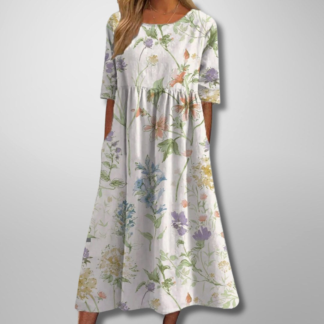 Fiona | Women's Relaxed Floral Midi Dress - White