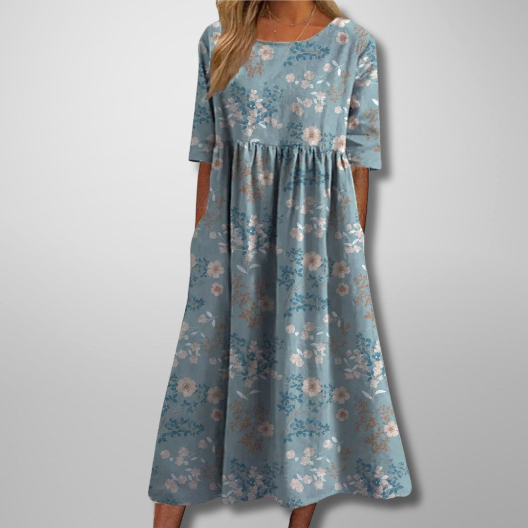 Fiona | Women's Relaxed Floral Midi Dress - Light Blue