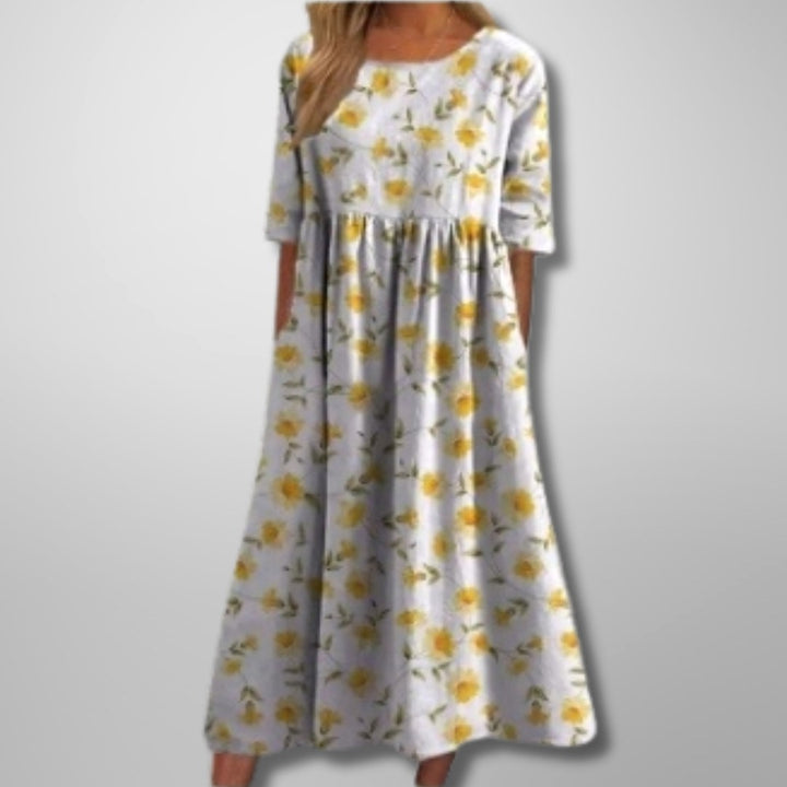 Fiona | Women's Relaxed Floral Midi Dress - Light Yellow