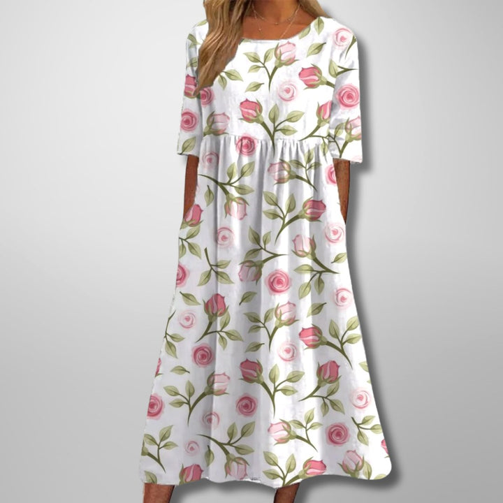 Fiona | Women's Relaxed Floral Midi Dress - White Pink