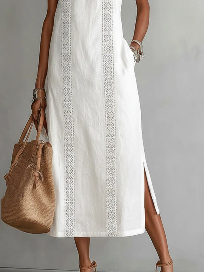 Francine | Women's Linen Midi Dress with Mandarin Collar - image 2