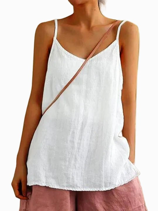 Freya | Women's Linen-Blend Cami Top with V-Neckline, Spaghetti Strap Top | The Shrader Sisters | White
