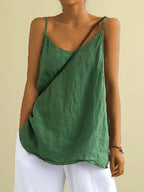Freya | Women's Linen-Blend Cami Top with V-Neckline, Spaghetti Strap Top | The Shrader Sisters | Green