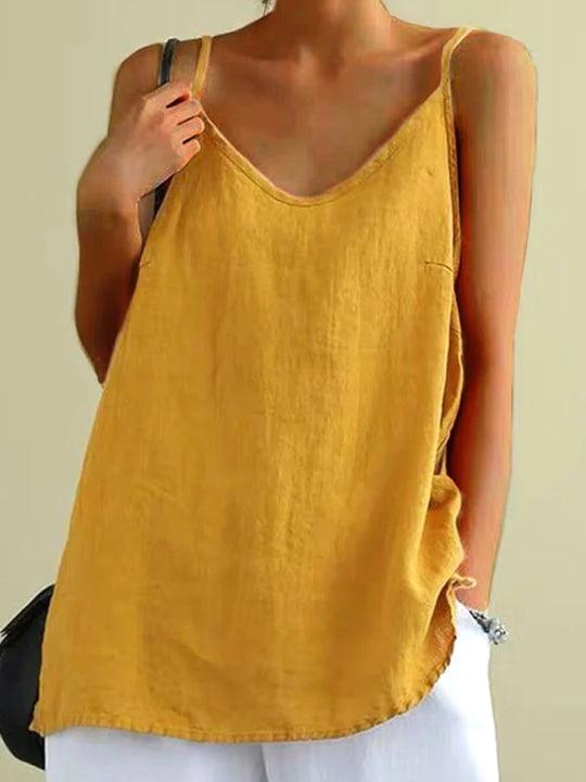 Freya | Women's Linen-Blend Cami Top with V-Neckline, Spaghetti Strap Top | The Shrader Sisters | Yellow