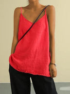 Freya | Women's Linen-Blend Cami Top with V-Neckline, Spaghetti Strap Top | The Shrader Sisters | Red