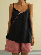 Freya | Women's Linen-Blend Cami Top with V-Neckline, Spaghetti Strap Top | The Shrader Sisters | Black