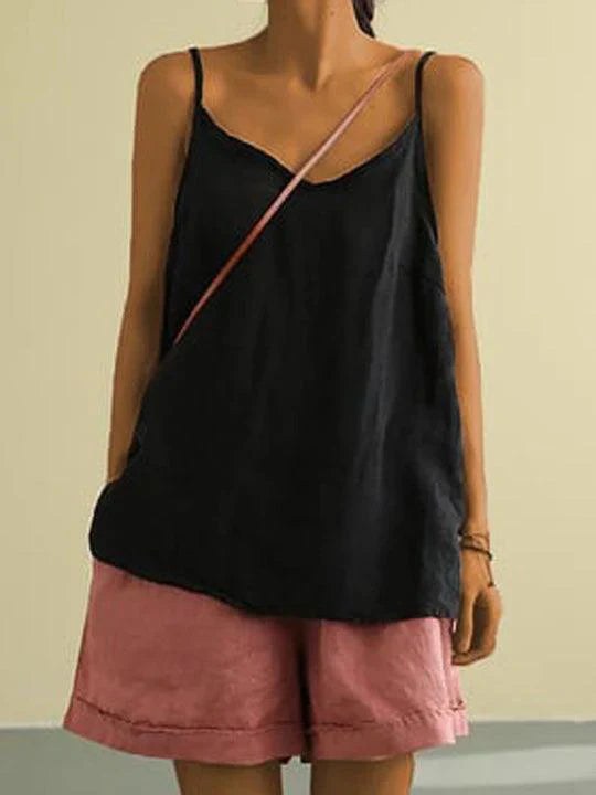 Freya | Women's Linen-Blend Cami Top with V-Neckline, Spaghetti Strap Top | The Shrader Sisters | Black