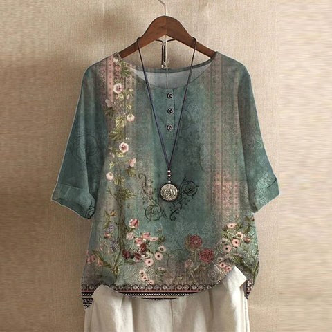 Gemma | Women's Vintage Floral Print Blouse - Green