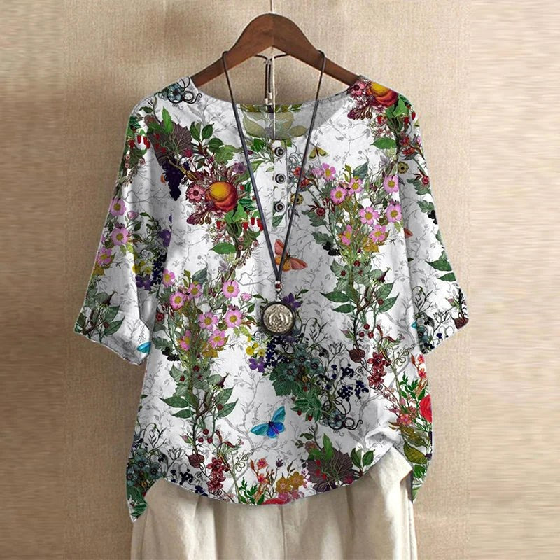 Gemma | Women's Vintage Floral Print Blouse - White B