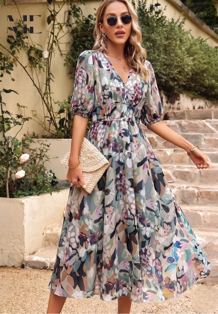 Georgia | Women's Floral Midi Dress with Puff Sleeves, Feminine Garden Dress | The Shrader Sisters | Floral