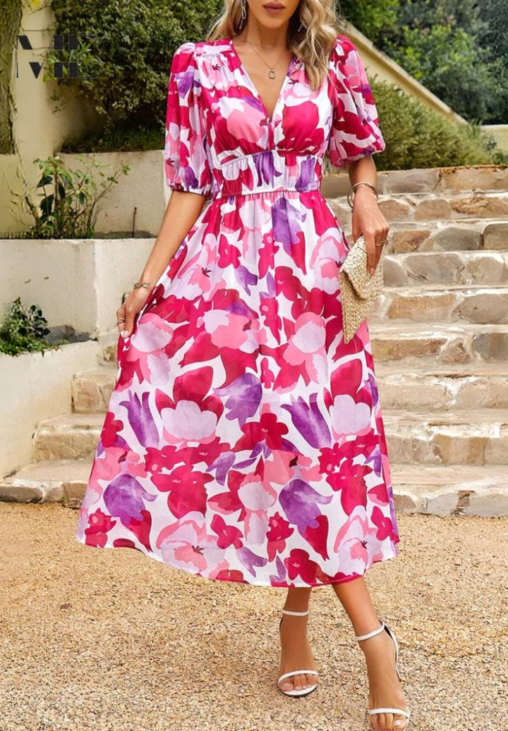 Georgia | Women's Floral Midi Dress with Puff Sleeves, Feminine Garden Dress | The Shrader Sisters
