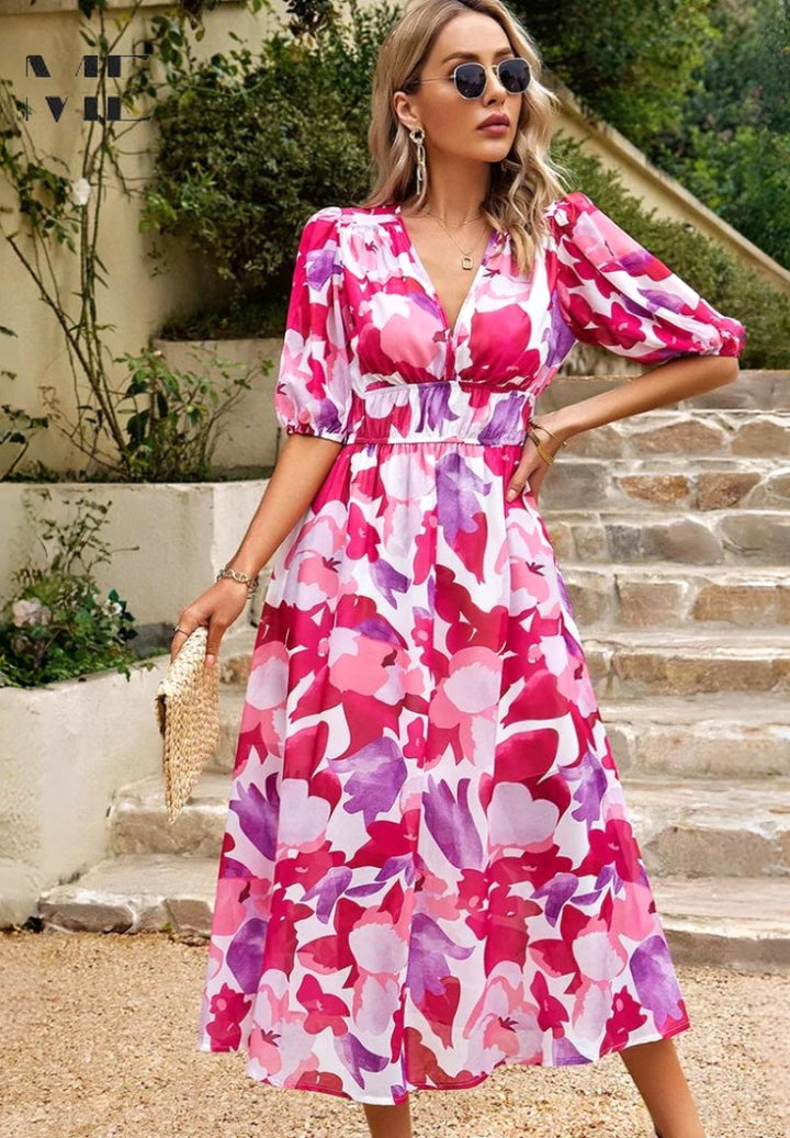 Georgia | Women's Floral Midi Dress with Puff Sleeves, Feminine Garden Dress | The Shrader Sisters