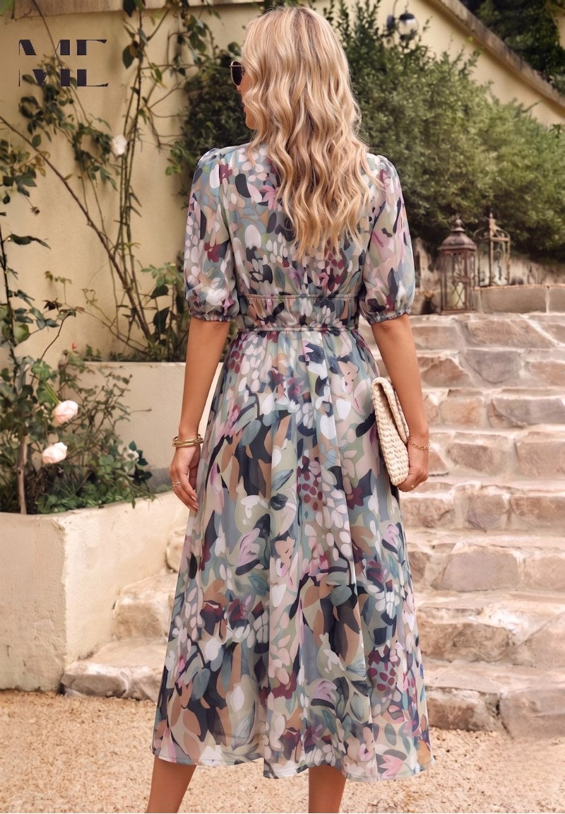 Georgia | Women's Floral Midi Dress with Puff Sleeves, Feminine Garden Dress | The Shrader Sisters | Blue