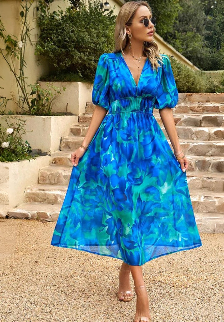 Georgia | Women's Floral Midi Dress with Puff Sleeves, Feminine Garden Dress | The Shrader Sisters | Black