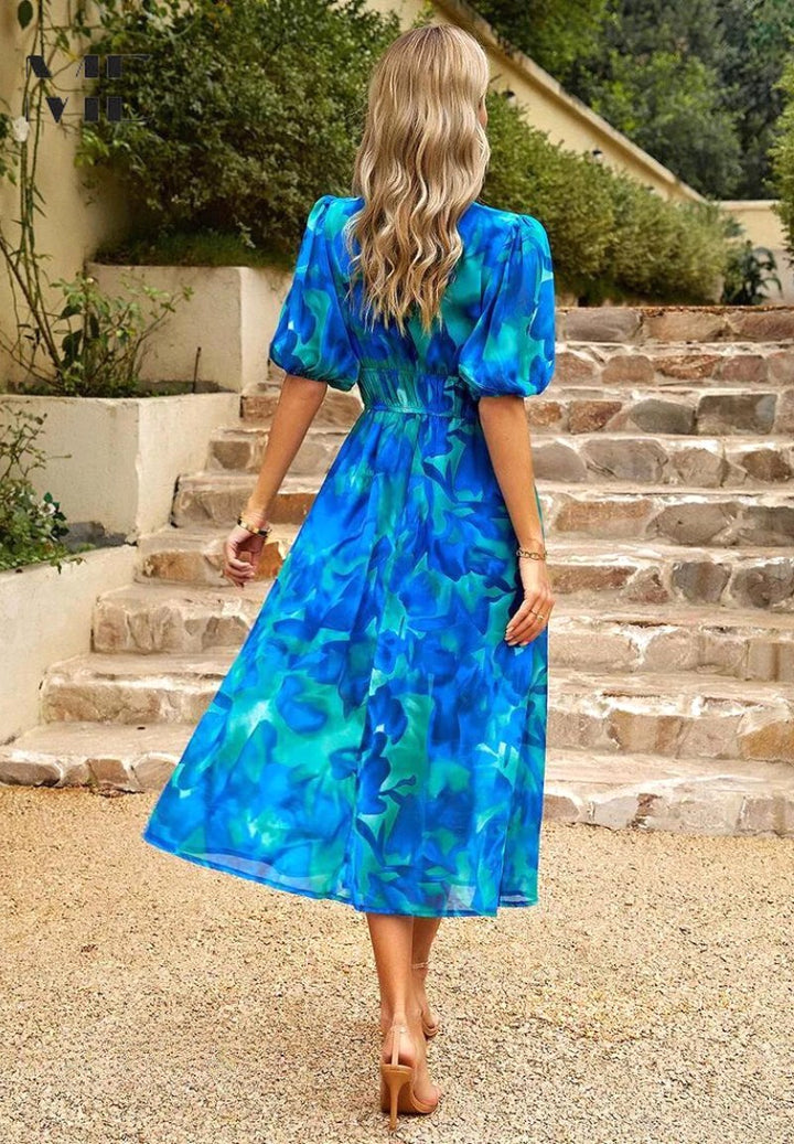 Georgia | Women's Floral Midi Dress with Puff Sleeves, Feminine Garden Dress | The Shrader Sisters | Pink
