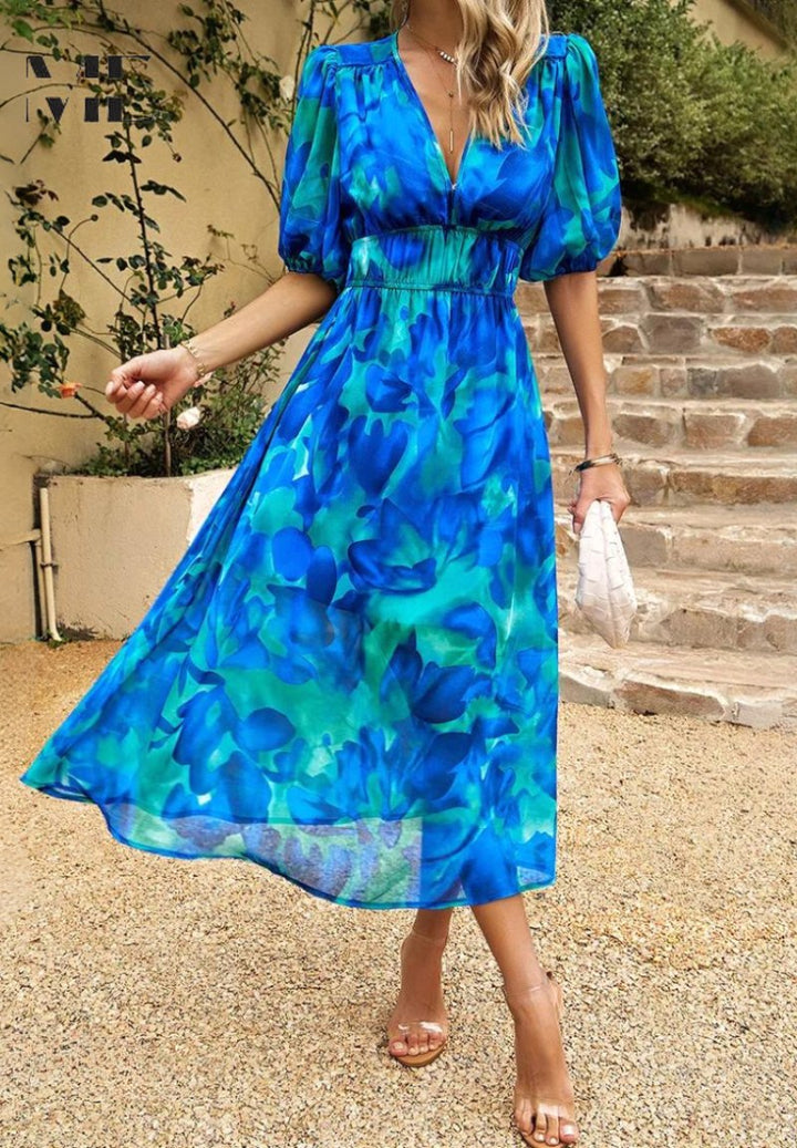 Georgia | Women's Floral Midi Dress with Puff Sleeves, Feminine Garden Dress | The Shrader Sisters