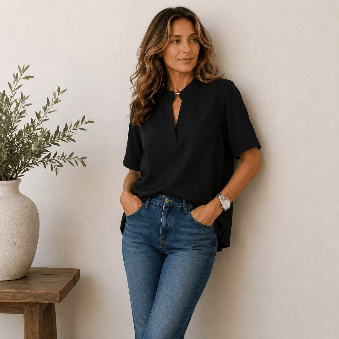 Georgia | Women's V-Neck Blouse with Refined Detail, Short-Sleeve Blouse | The Shrader Sisters