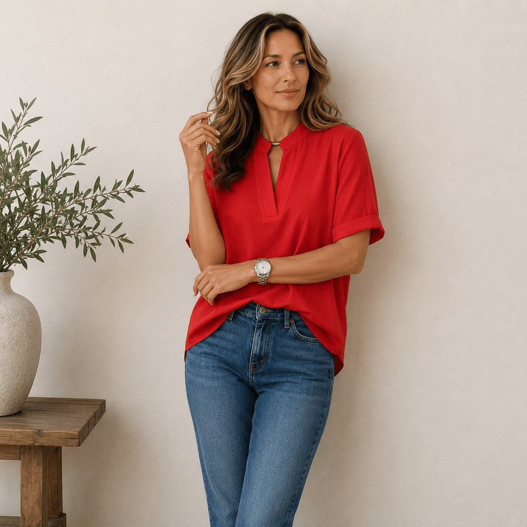 Georgia | Women's V-Neck Blouse with Refined Detail, Short-Sleeve Blouse | The Shrader Sisters