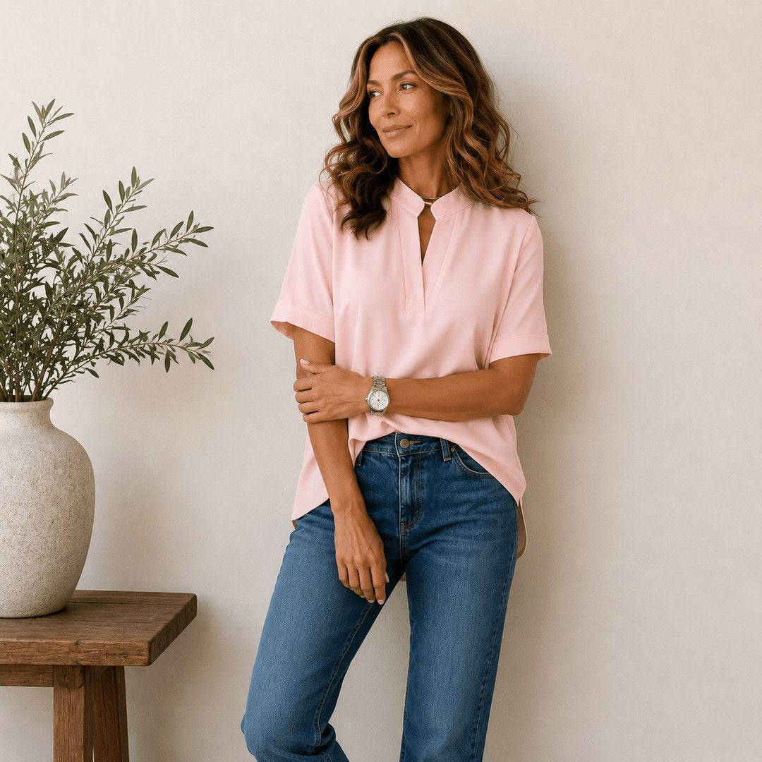 Georgia | Women's V-Neck Blouse with Refined Detail, Short-Sleeve Blouse | The Shrader Sisters