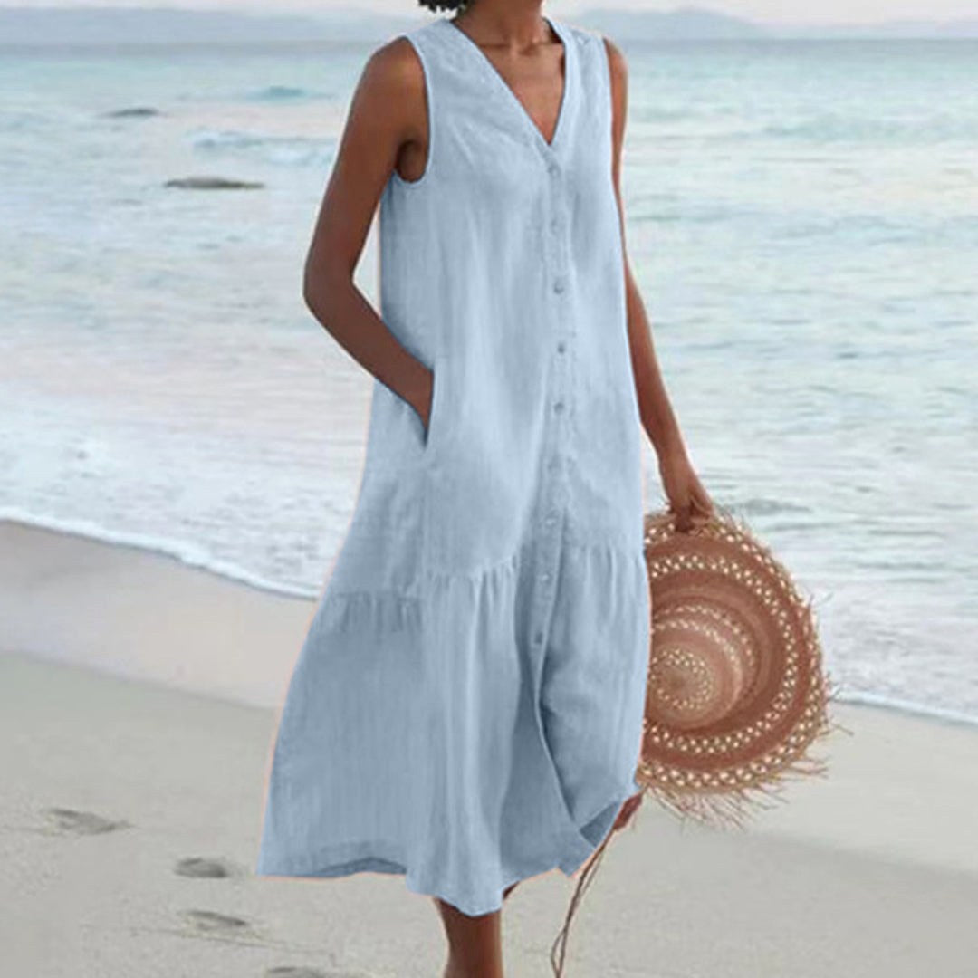 Giovanna | Women's Linen Sleeveless Midi Shirt Dress - Blue