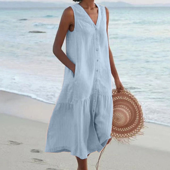 Giovanna | Women's Linen Sleeveless Midi Shirt Dress - Blue