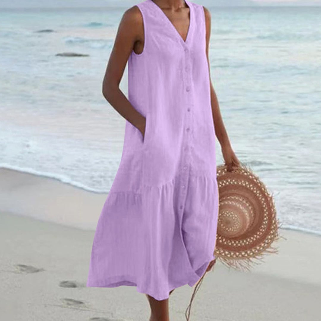 Giovanna | Women's Linen Sleeveless Midi Shirt Dress - Purple