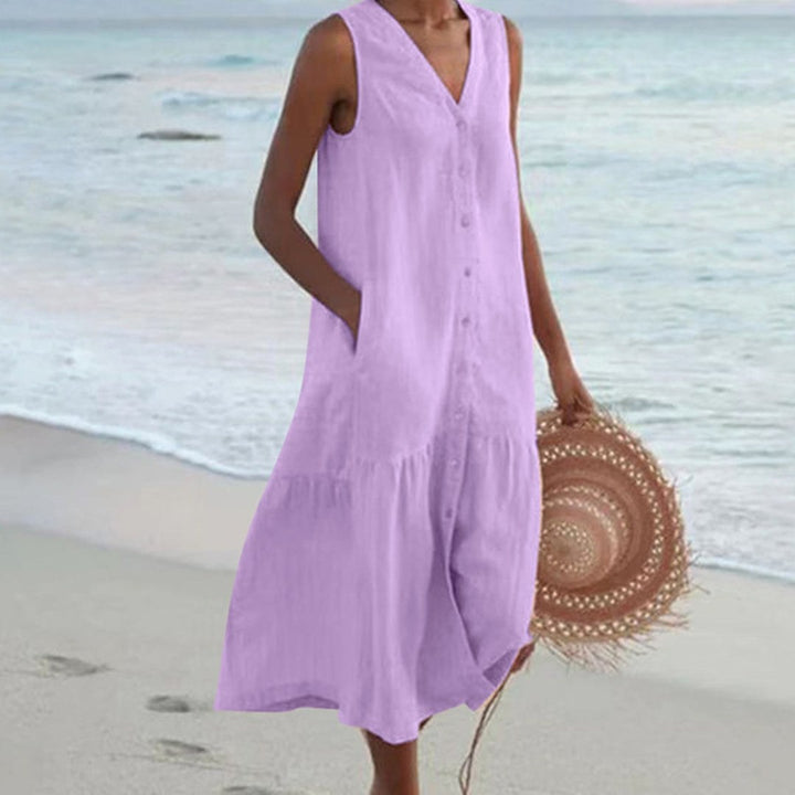 Giovanna | Women's Linen Sleeveless Midi Shirt Dress - Purple