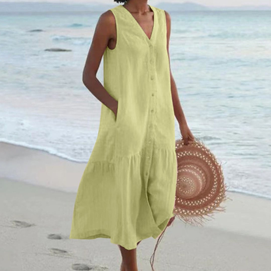 Giovanna | Women's Linen Sleeveless Midi Shirt Dress - Green