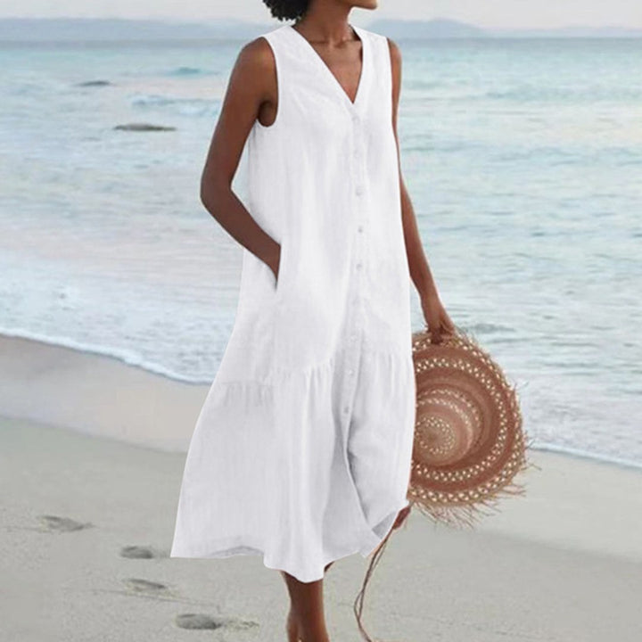 Giovanna | Women's Linen Sleeveless Midi Shirt Dress - White