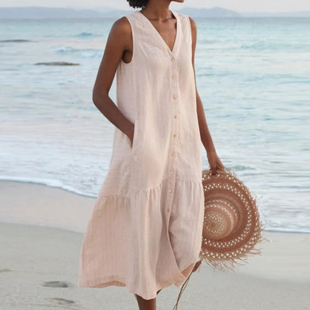 Giovanna | Women's Linen Sleeveless Midi Shirt Dress - Beige
