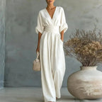 Grace | Women's Surplice V-Neck Wide-Leg Jumpsuit, Wrap-Front One-Piece | The Shrader Sisters | White
