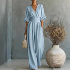 Grace | Women's Surplice V-Neck Wide-Leg Jumpsuit, Wrap-Front One-Piece | The Shrader Sisters | Sky Blue