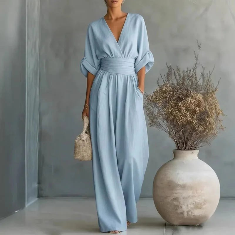 Grace | Women's Surplice V-Neck Wide-Leg Jumpsuit, Wrap-Front One-Piece | The Shrader Sisters | Sky Blue