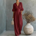 Grace | Women's Surplice V-Neck Wide-Leg Jumpsuit, Wrap-Front One-Piece | The Shrader Sisters | Wine Red
