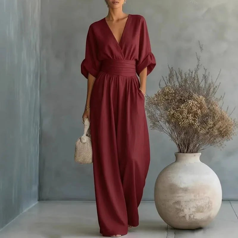 Grace | Women's Surplice V-Neck Wide-Leg Jumpsuit, Wrap-Front One-Piece | The Shrader Sisters | Wine Red