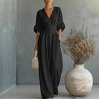 Grace | Women's Surplice V-Neck Wide-Leg Jumpsuit, Wrap-Front One-Piece | The Shrader Sisters | Black