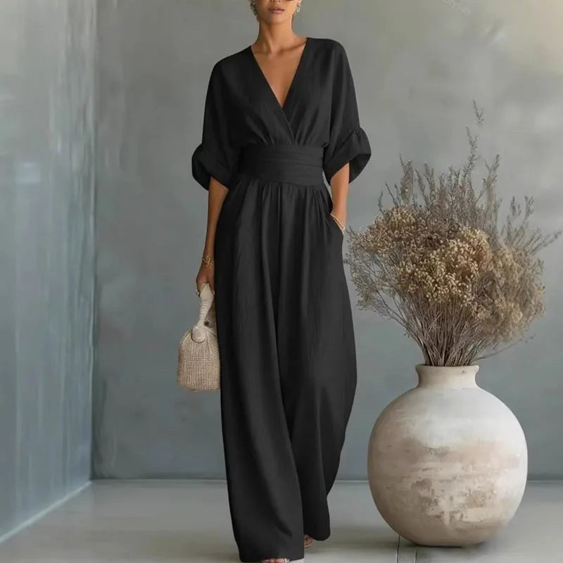 Grace | Women's Surplice V-Neck Wide-Leg Jumpsuit, Wrap-Front One-Piece | The Shrader Sisters | Black