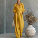 Grace | Women's Surplice V-Neck Wide-Leg Jumpsuit, Wrap-Front One-Piece | The Shrader Sisters | Yellow