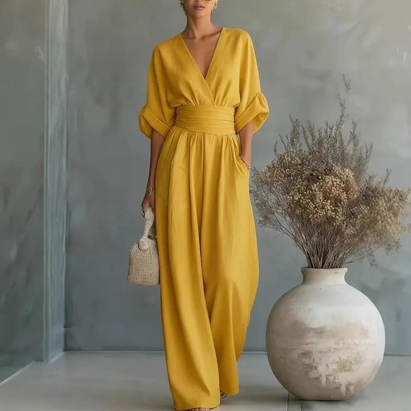 Grace | Women's Surplice V-Neck Wide-Leg Jumpsuit, Wrap-Front One-Piece | The Shrader Sisters | Yellow