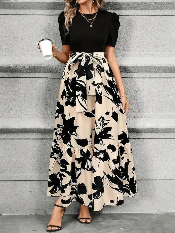 Hannah | Women's Elegant Maxi Dress - Monochrome Abstract Black