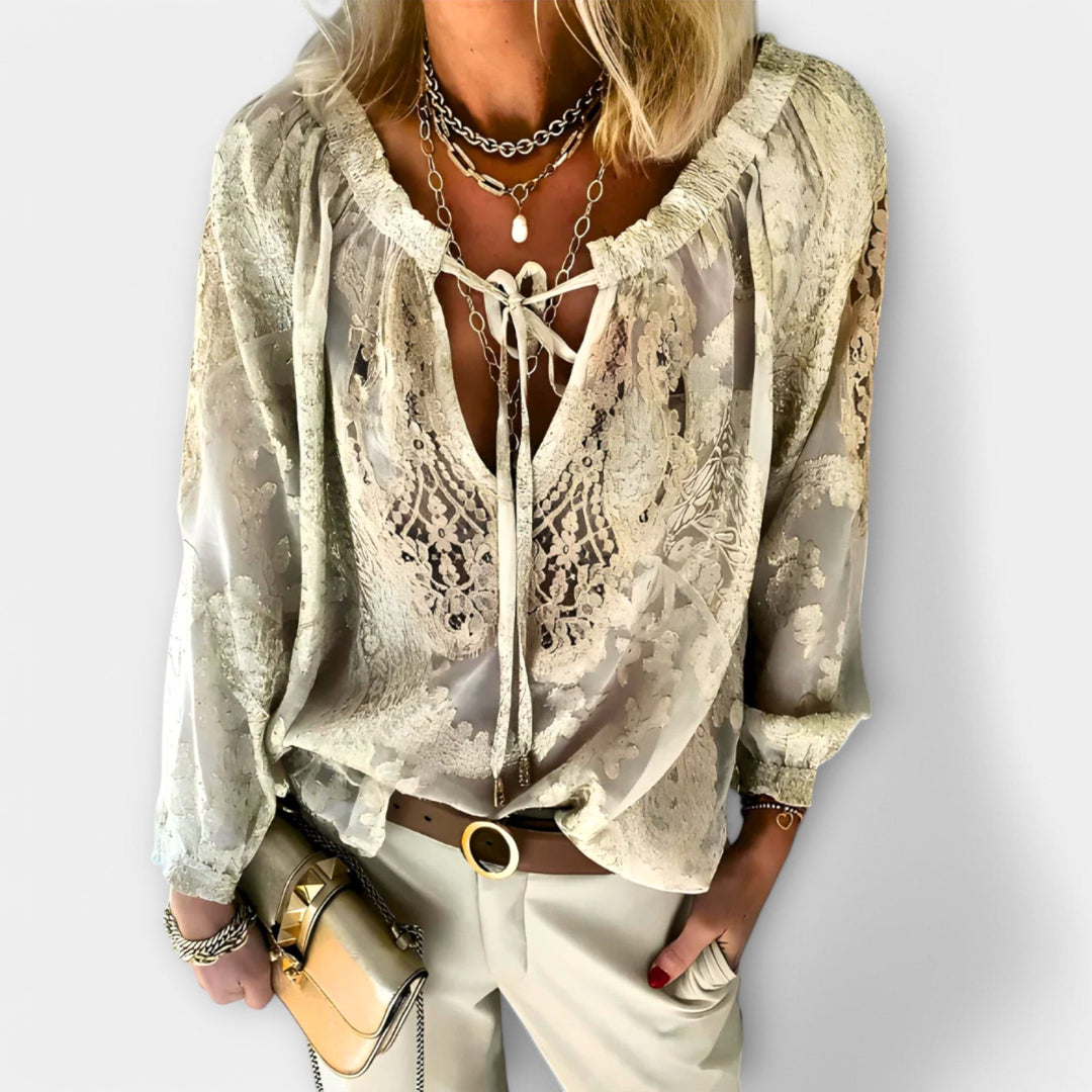 Harper | Women's Lace Blouse with Tie Neckline - Pink
