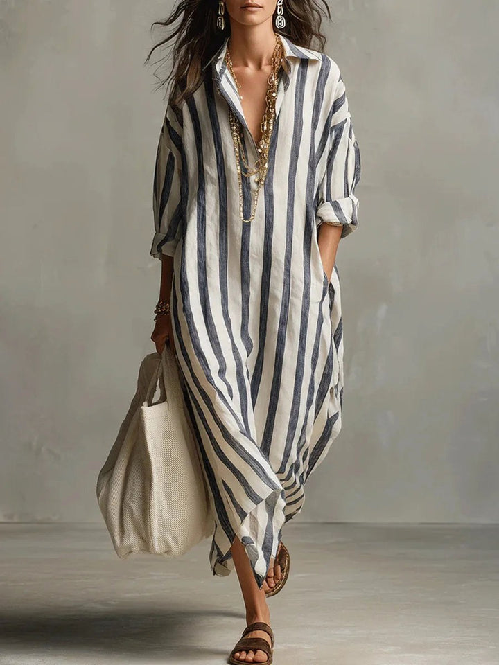Harper | Women's Linen Long Shirt Dress - Blue