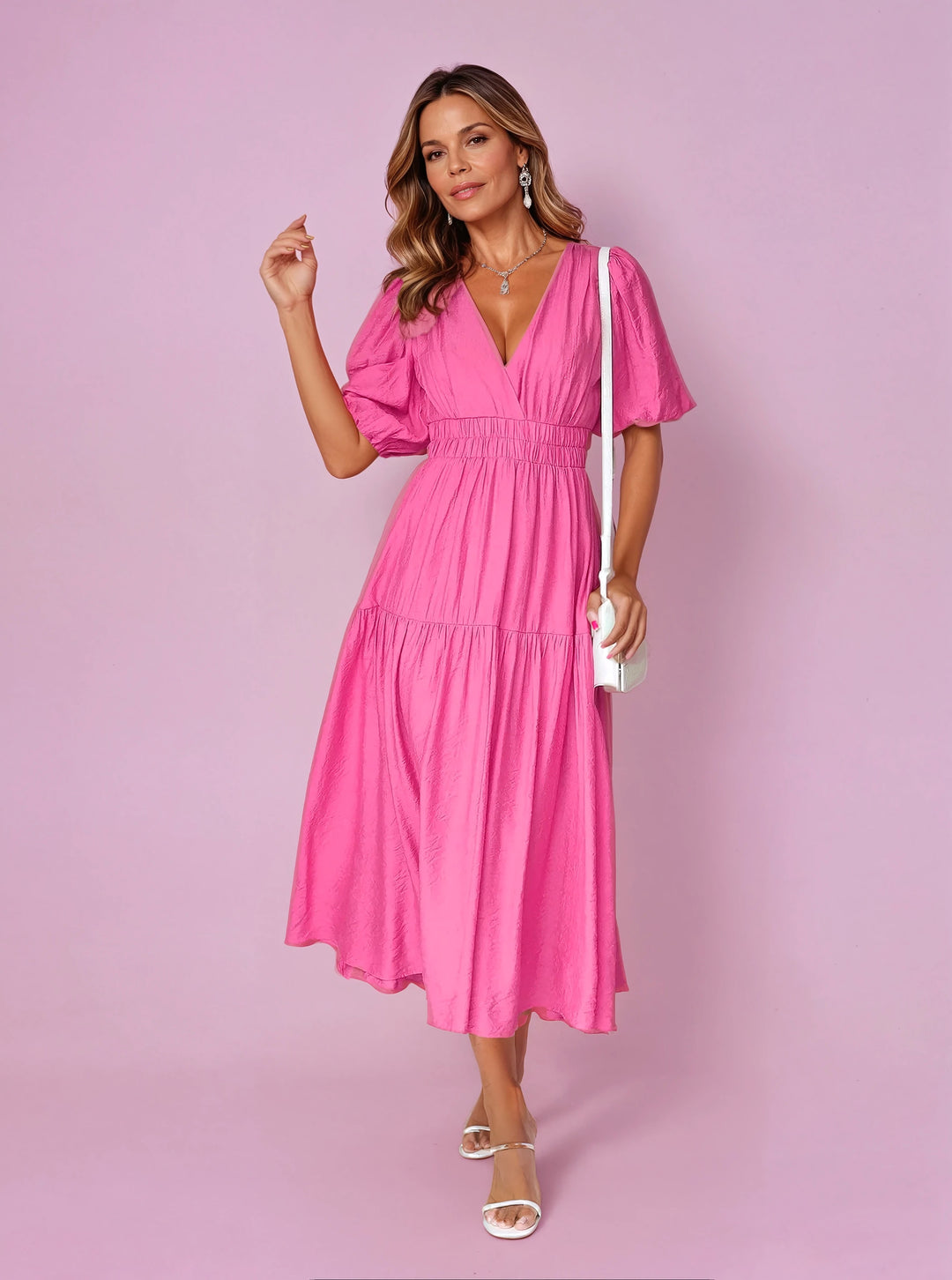 Harper | Women's Puff Sleeve Midi Dress - Pink