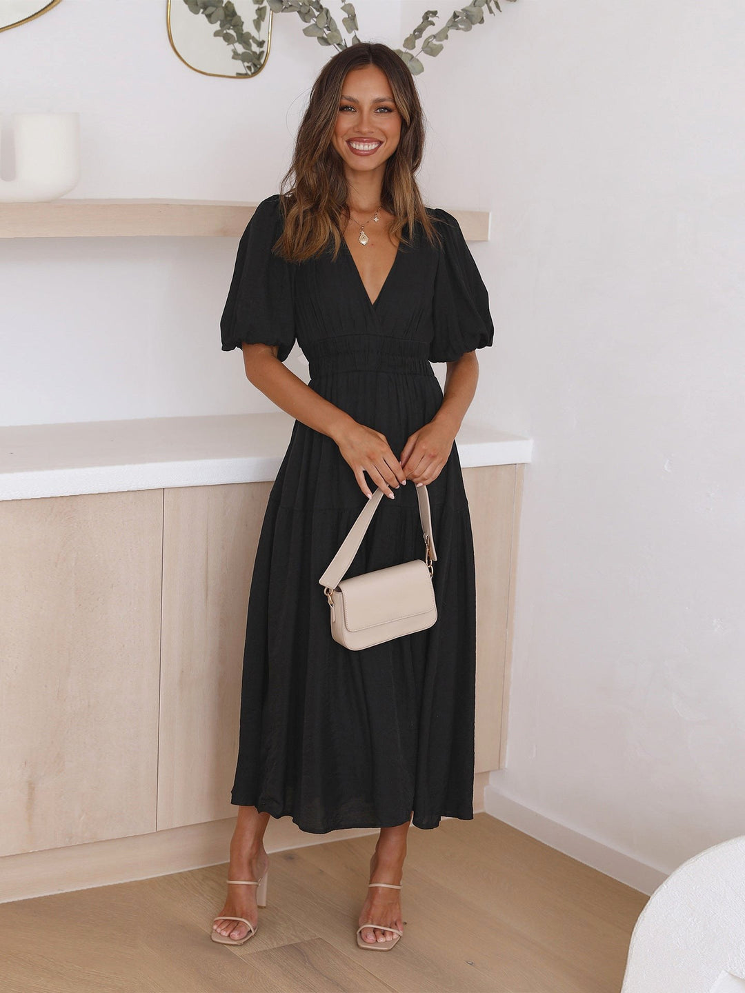 Harper | Women's Puff Sleeve Midi Dress - Cream