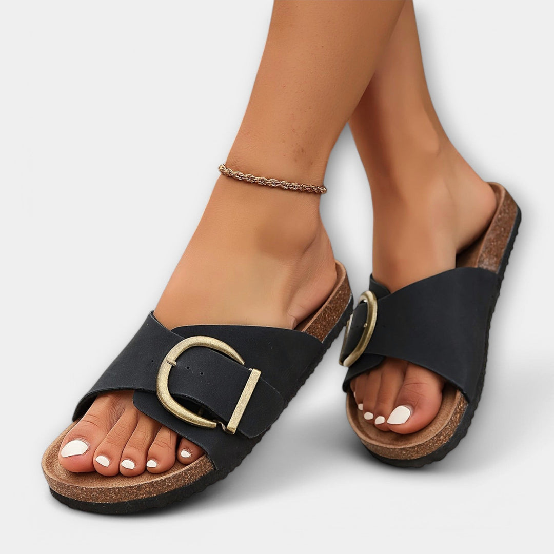 Hayley | Women's Orthopedic Open-Toe Sandals, Buckle Detail Sandals | The Shrader Sisters | Black
