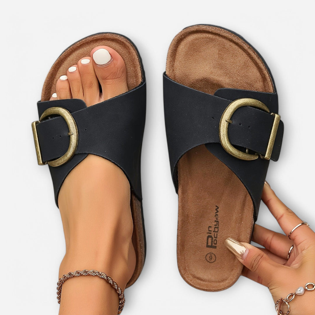 Hayley | Women's Orthopedic Open-Toe Sandals, Buckle Detail Sandals | The Shrader Sisters | Khaki