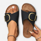 Hayley | Women's Orthopedic Open-Toe Sandals, Buckle Detail Sandals | The Shrader Sisters | Khaki