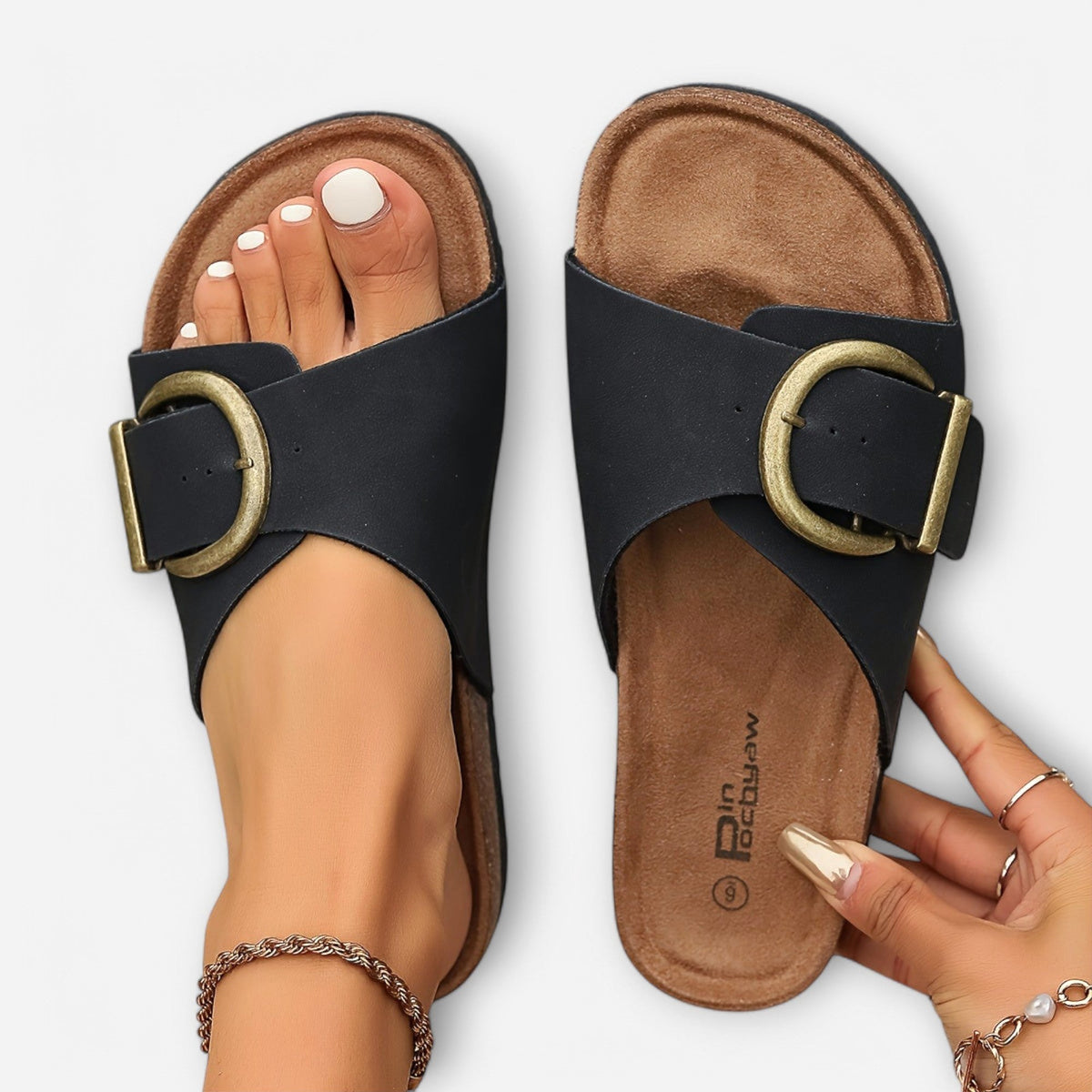 Hayley | Women's Orthopedic Open-Toe Sandals, Buckle Detail Sandals | The Shrader Sisters | Khaki