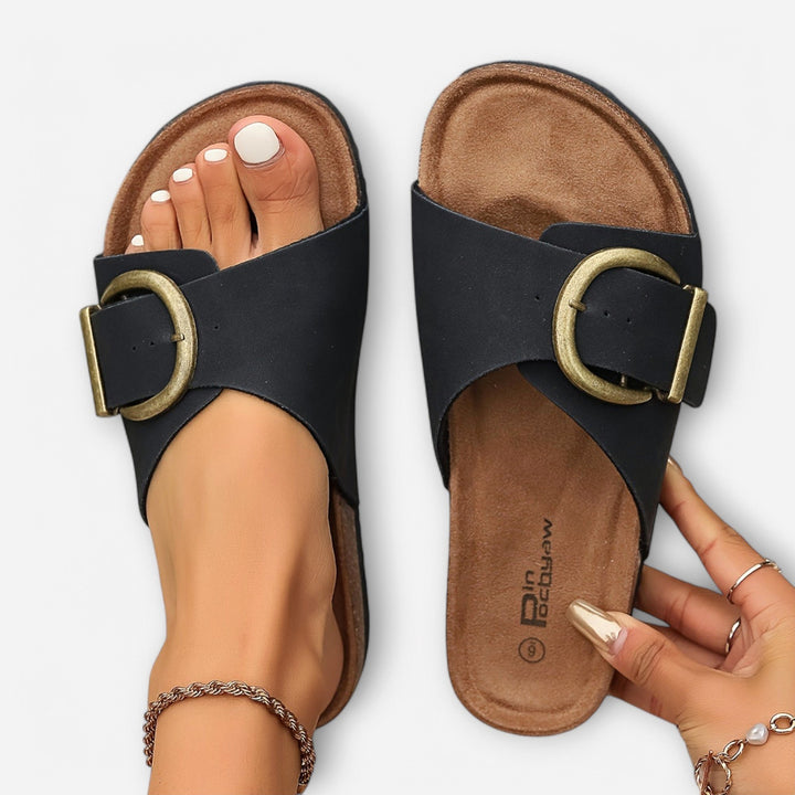Hayley | Women's Orthopedic Open-Toe Sandals, Buckle Detail Sandals | The Shrader Sisters | Khaki