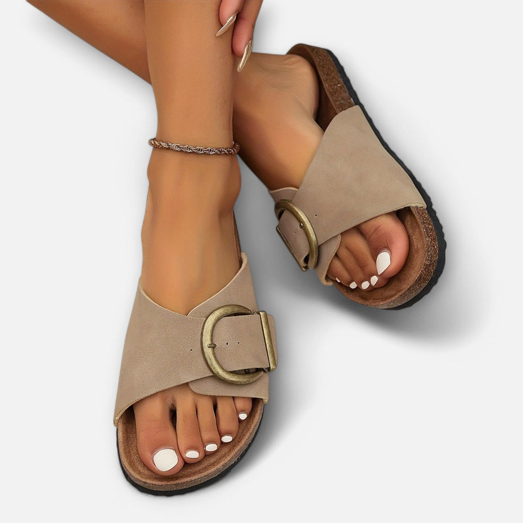 Hayley | Women's Orthopedic Open-Toe Sandals, Buckle Detail Sandals | The Shrader Sisters | Creme